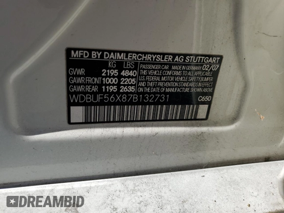 2007 Mercedes-Benz E-Class 3.5L with VIN WDBUF56X87B132731, listed as a Copart auction lot 47575365 with 106,789 mi miles and Salvage Title. Bid and sale history available at carsss.com. Image 12.