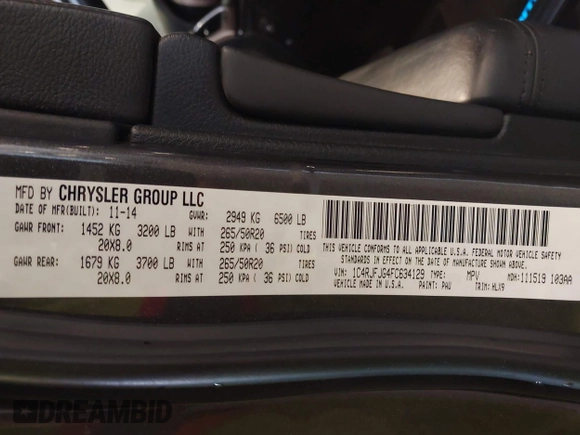 2015 Jeep Grand Cherokee Summit with VIN 1C4RJFJG4FC634129, listed as a IAAI auction lot 42481877 with 149,087 mi miles and . Bid and sale history available at DreamBid. Image 9.