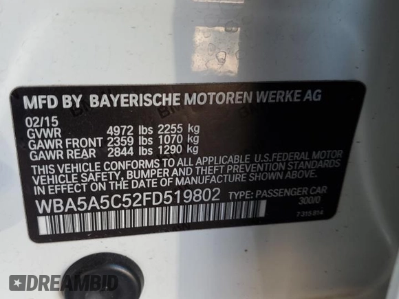 2015 BMW 5 Series 528i with VIN WBA5A5C52FD519802, listed as a Copart auction lot 46165805 with 88,458 mi miles and Salvage Title. Bid and sale history available at DreamBid. Image 14.