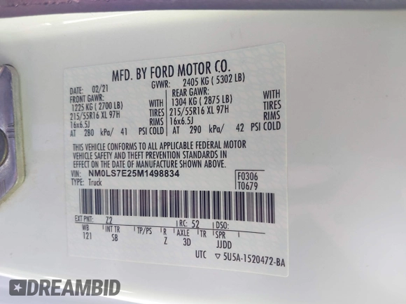 2021 Ford Transit Connect XL with VIN NM0LS7E25M1498834, listed as a IAAI auction lot 41761044 with 90,771 mi miles and . Bid and sale history available at DreamBid. Image 9.