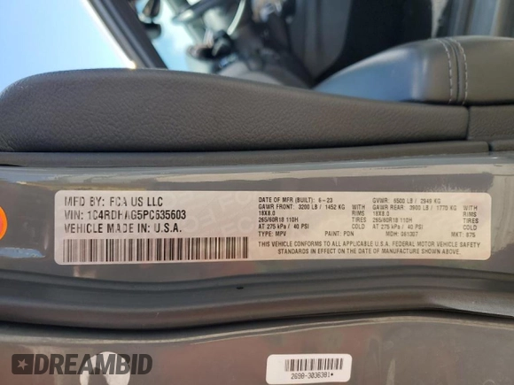 2023 Dodge Durango SXT with VIN 1C4RDHAG5PC635603, listed as a Copart auction lot 58578885 with 27,543 mi miles and Clean title. Bid and sale history available at DreamBid. Image 13.