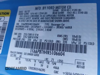 2022 Ford Mustang EcoBoost with VIN 1FA6P8TH4N5106604, listed as a IAAI auction lot 41279530 with 49,110 mi miles. Bid and sale history available at carsss.com. Image 9.