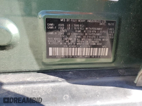 2012 Subaru Outback z VIN 4S4BRCFC9C3215781, wystawiony jako Copart lot #68273024 z przebiegiem 186 104 mil mil oraz Szkoda całkowita • Salvage title. Historia ofert i sprzedaży dostępna na DreamBid. Obrazek 13.