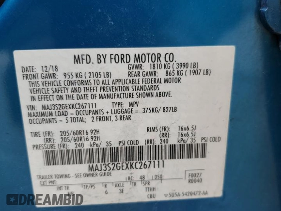 2019 Ford EcoSport SE z VIN MAJ3S2GEXKC267111, wystawiony jako Copart lot #56427685 z przebiegiem 58 956 mil mil oraz Tytuł czysty. Historia ofert i sprzedaży dostępna na DreamBid. Obrazek 14.