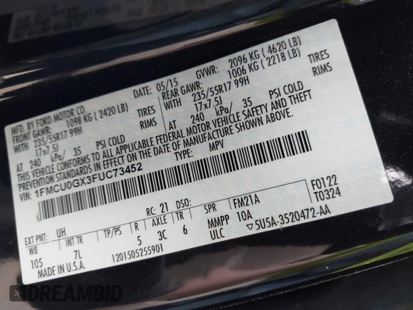 2015 Ford Escape SE with VIN 1FMCU0GX3FUC73452, listed as a IAAI auction lot 41923211 with 140,952 mi miles. Bid and sale history available at carsss.com. Image 9.