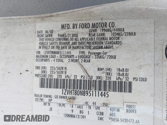 2009 Ford Mustang with VIN 1ZVHT80N895111445, listed as a IAAI auction lot 41778658 with 121,122 mi miles and . Bid and sale history available at carsss.com. Image 9.