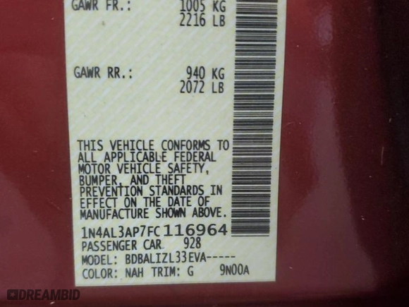 2015 Nissan Altima 2.5 SV with VIN 1N4AL3AP7FC116964, listed as a Copart auction lot 52363795 with 66,164 mi miles and Clean Title. Bid and sale history available at carsss.com. Image 12.
