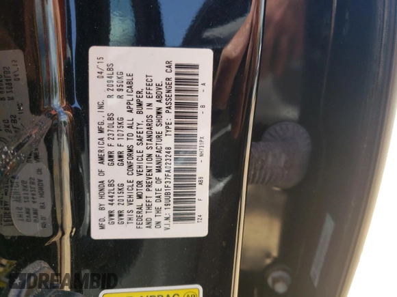 2015 Acura TLX with VIN 19UUB1F37FA023248, listed as a Copart auction lot 56684205 with 95,344 mi miles and Salvage title. Bid and sale history available at DreamBid. Image 12.