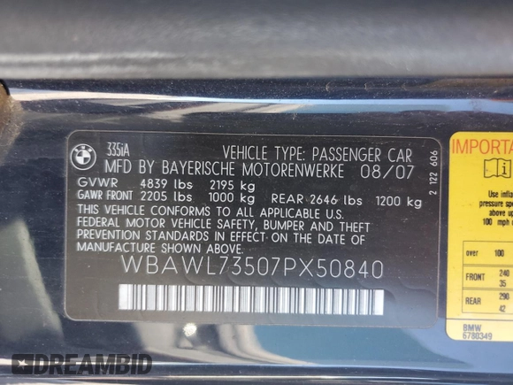 2007 BMW 3 Series 335i with VIN WBAWL73507PX50840, listed as a Copart auction lot 53001555 with 110,922 mi miles and Salvage title. Bid and sale history available at DreamBid. Image 12.