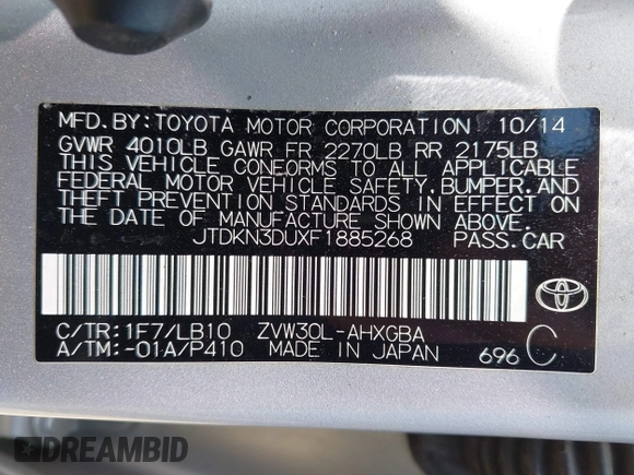 2015 Toyota Prius Four with VIN JTDKN3DUXF1885268, listed as a IAAI auction lot 42087198 with 98,482 mi miles. Bid and sale history available at carsss.com. Image 9.