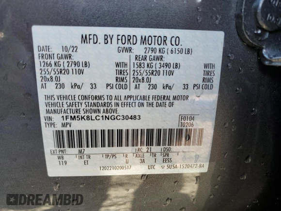 2022 Ford Explorer King Ranch z VIN 1FM5K8LC1NGC30483, wystawiony jako Copart lot #48477725 z przebiegiem 21 339 mil mil oraz Szkoda całkowita • Salvage title. Historia ofert i sprzedaży dostępna na DreamBid. Obrazek 14.