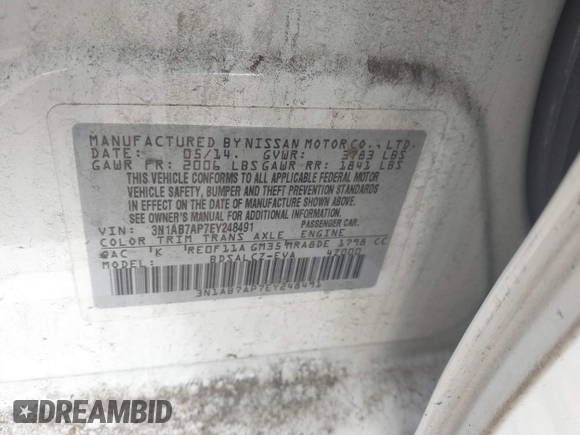 2014 Nissan Sentra SR with VIN 3N1AB7AP7EY248491, listed as a IAAI auction lot 41731164 with 117,261 mi miles and . Bid and sale history available at DreamBid. Image 9.
