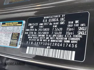 2024 Kia Telluride SX Prestige X-Line with VIN 5XYP5DGC2RG417456, listed as a IAAI auction lot 42110480 with 20,099 mi miles and . Bid and sale history available at DreamBid. Image 9.