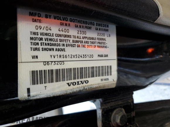 2005 Volvo S60 with VIN YV1RS612X52435120, listed as a Copart auction lot 87970165 with 254,328 mi miles and Salvage title. Bid and sale history available at DreamBid. Image 14.
