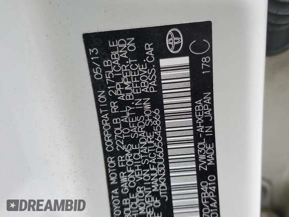 2013 Toyota Prius One with VIN JTDKN3DU6D5645866, listed as a Copart auction lot 54326485 with 92,851 mi miles and Salvage Title. Bid and sale history available at DreamBid. Image 12.