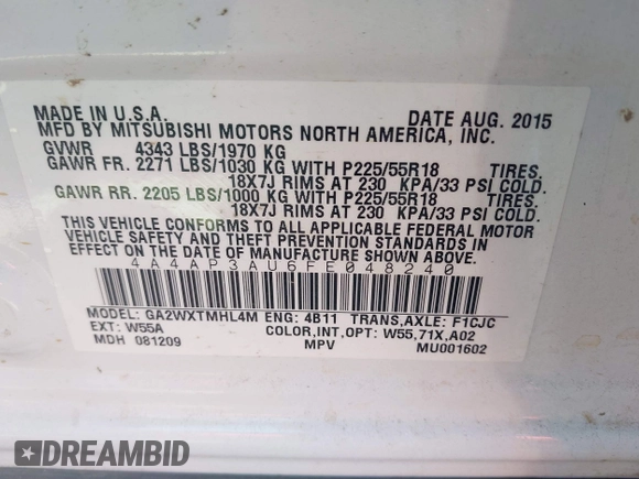2015 Mitsubishi Outlander Sport ES with VIN 4A4AP3AU6FE048240, listed as a IAAI auction lot 42095926 with 105,094 mi miles. Bid and sale history available at carsss.com. Image 9.