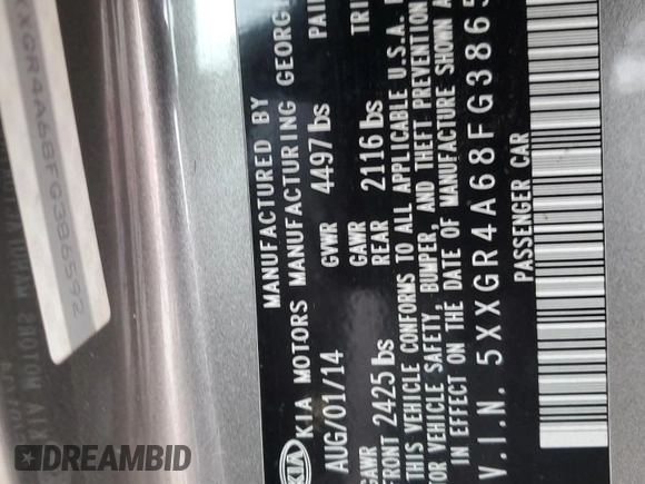2015 Kia Optima SX Turbo with VIN 5XXGR4A68FG386592, listed as a Copart auction lot 53938425 with Not provided miles and Non repairable. Bid and sale history available at DreamBid. Image 13.