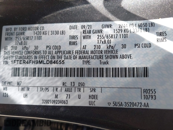 2021 Ford Ranger XL with VIN 1FTER4FH9MLD84655, listed as a IAAI auction lot 42054077 with 137,605 mi miles and . Bid and sale history available at DreamBid. Image 9.