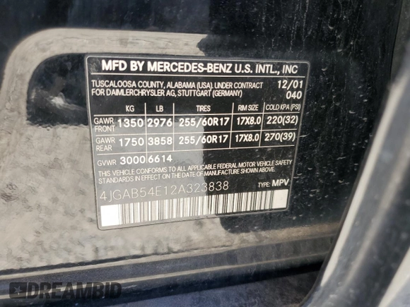 2002 Mercedes-Benz M 320/430/500 с VIN 4JGAB54E12A323838, выставлен на аукционе Copart как лот 59057205 с пробегом 141 574 миль миль и Чистый • Clean title. История ставок и продаж доступна на DreamBid. Изображение 12.