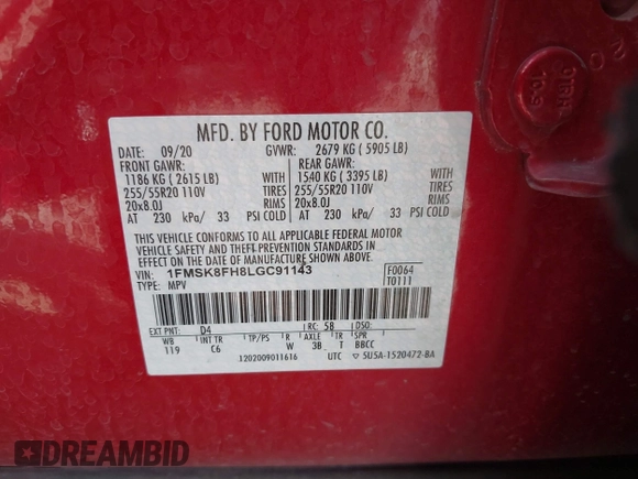 2020 Ford Explorer Limited with VIN 1FMSK8FH8LGC91143, listed as a IAAI auction lot 41998447 with 76,397 mi miles. Bid and sale history available at carsss.com. Image 9.