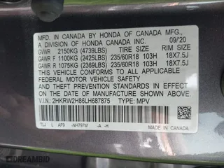 2020 Honda CR-V EX-L with VIN 2HKRW2H86LH687875, listed as a IAAI auction lot 41879558 with 55,907 mi miles. Bid and sale history available at carsss.com. Image 9.