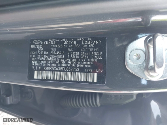 2023 Hyundai Kona Limited with VIN KM8K5CA38PU052253, listed as a IAAI auction lot 41604838 with 18,164 mi miles. Bid and sale history available at carsss.com. Image 9.