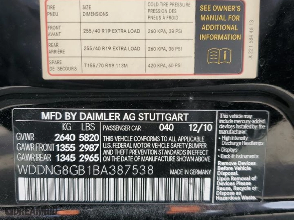 2011 Mercedes-Benz S-Class S 550 with VIN WDDNG8GB1BA387538, listed as a Copart auction lot 54218555 with 255,894 mi miles and Clean Title. Bid and sale history available at carsss.com. Image 12.
