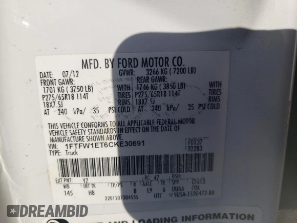 2012 Ford F-150 XL with VIN 1FTFW1ET6CKE30691, listed as a Copart auction lot 87208894 with 0 mi miles and Salvage Title. Bid and sale history available at carsss.com. Image 12.
