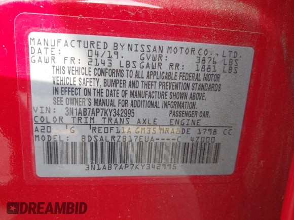 2019 Nissan Sentra SV z VIN 3N1AB7AP7KY342995, wystawiony jako IAAI lot #42300377 z przebiegiem 99 317 mil mil oraz . Historia ofert i sprzedaży dostępna na DreamBid. Obrazek 9.