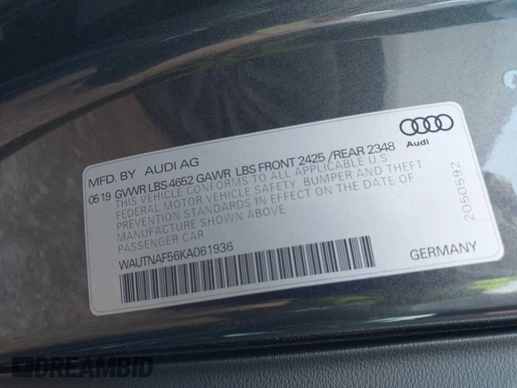 2019 Audi A5 Premium Plus with VIN WAUTNAF56KA061936, listed as a IAAI auction lot 41701015 with 72,318 mi miles and . Bid and sale history available at DreamBid. Image 9.