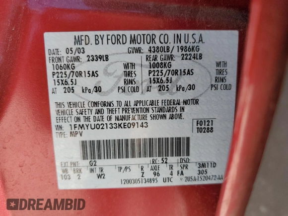 2003 Ford Escape XLS Popular z VIN 1FMYU02133KE09143, wystawiony jako Copart lot #53659105 z przebiegiem 78 736 mil mil oraz Szkoda całkowita • Salvage title. Historia ofert i sprzedaży dostępna na DreamBid. Obrazek 13.