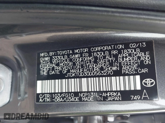 2013 Toyota Yaris L with VIN JTDKTUD30DD563270, listed as a IAAI auction lot 41997725 with 131,663 mi miles. Bid and sale history available at carsss.com. Image 9.