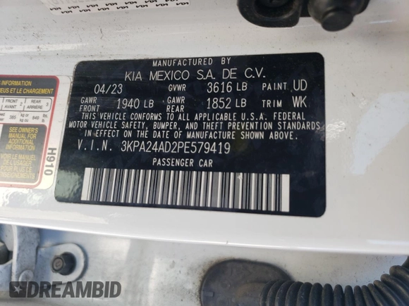 2023 Kia Rio S with VIN 3KPA24AD2PE579419, listed as a Copart auction lot 73399664 with 47,857 mi miles and Salvage Title. Bid and sale history available at DreamBid. Image 12.