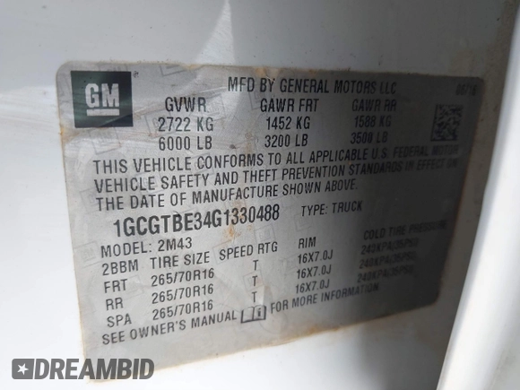 2016 Chevrolet Colorado 4WD WT with VIN 1GCGTBE34G1330488, listed as a IAAI auction lot 41500876 with 209,598 mi miles. Bid and sale history available at carsss.com. Image 9.