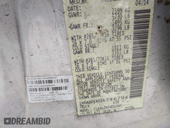 2014 Nissan Frontier SV with VIN 1N6AD0ER0EN746794, listed as a IAAI auction lot 42477321 with Not provided miles and . Bid and sale history available at DreamBid. Image 9.