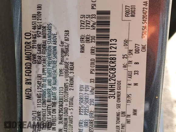 2012 Lincoln MKZ with VIN 3LNHL2GC8CR811213, listed as a Copart auction lot 53751395 with 93,738 mi miles and Salvage Title. Bid and sale history available at DreamBid. Image 12.