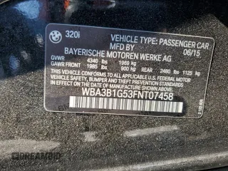 2015 BMW 3 Series 320i with VIN WBA3B1G53FNT07458, listed as a Copart auction lot 52850055 with 138,033 mi miles and Salvage Title. Bid and sale history available at carsss.com. Image 12.