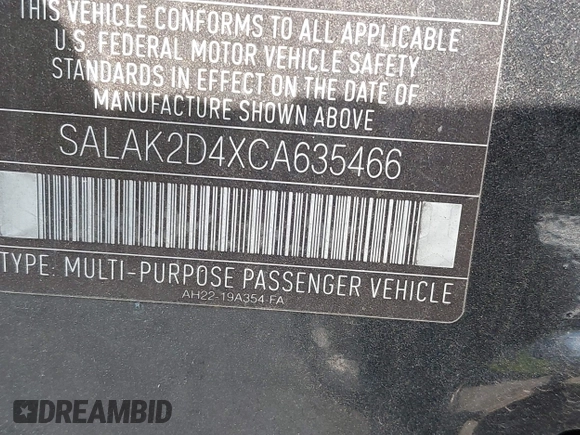 2012 Land Rover LR4 Lux with VIN SALAK2D4XCA635466, listed as a IAAI auction lot 42467642 with Not provided miles and . Bid and sale history available at DreamBid. Image 9.