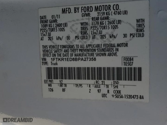 2011 Ford Ranger XL with VIN 1FTKR1ED8BPA27358, listed as a Copart auction lot 87878155 with 195,410 mi miles and Salvage Title. Bid and sale history available at carsss.com. Image 14.