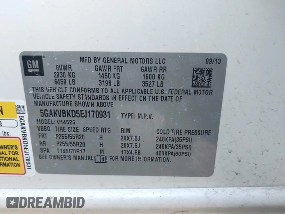 2014 Buick Enclave Leather with VIN 5GAKVBKD5EJ170931, listed as a IAAI auction lot 41797367 with 65,200 mi miles and . Bid and sale history available at DreamBid. Image 9.