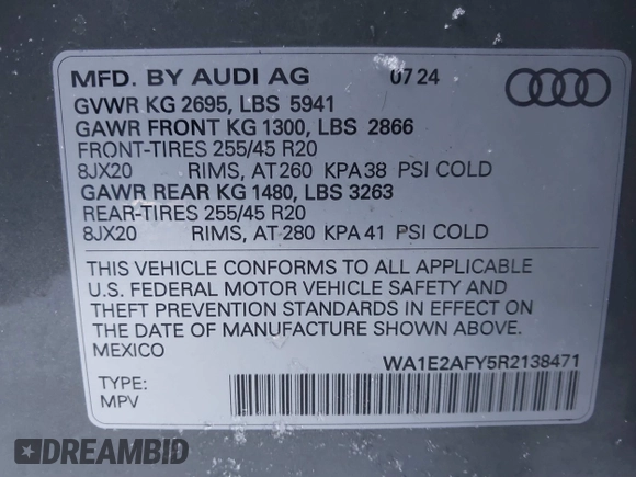 2024 Audi Q5 S line Premium Plus z VIN WA1E2AFY5R2138471, wystawiony jako IAAI lot #41570372 z przebiegiem Nie podano mil oraz . Historia ofert i sprzedaży dostępna na DreamBid. Obrazek 9.