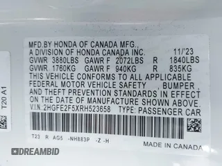 2024 Honda Civic Sedan Sport with VIN 2HGFE2F5XRH523658, listed as a IAAI auction lot 41805902 with 10,118 mi miles. Bid and sale history available at carsss.com. Image 9.