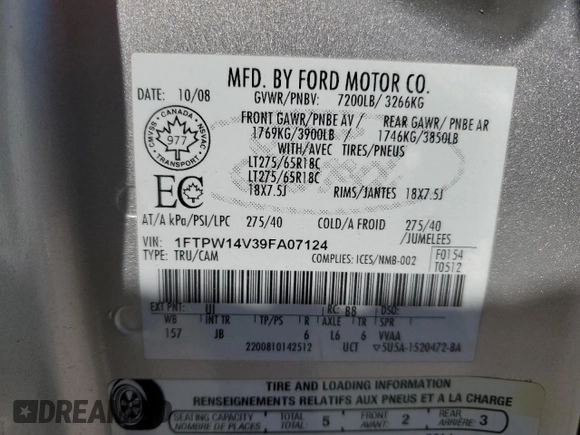 2009 Ford F-150 XL with VIN 1FTPW14V39FA07124, listed as a Copart auction lot 58660225 with 169,321 mi miles and Salvage title. Bid and sale history available at DreamBid. Image 13.