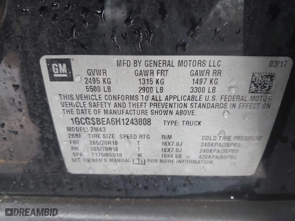 2017 Chevrolet Colorado 2WD WT with VIN 1GCGSBEA6H1243808, listed as a IAAI auction lot 41448799 with 131,958 mi miles. Bid and sale history available at carsss.com. Image 9.