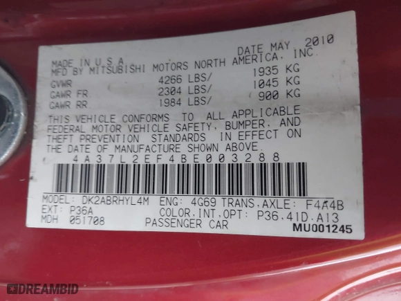 2011 Mitsubishi Eclipse GS Sport with VIN 4A37L2EF4BE003288, listed as a IAAI auction lot 40947881 with 102,996 mi miles. Bid and sale history available at carsss.com. Image 9.
