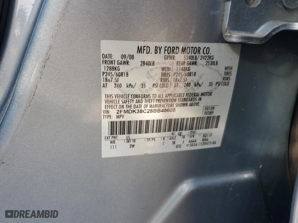 2008 Ford Edge SEL with VIN 2FMDK38C28BB48605, listed as a Copart auction lot 50311405 with 179,387 mi miles and Salvage Title. Bid and sale history available at carsss.com. Image 14.