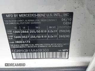 2010 Mercedes-Benz M 350 with VIN 4JGBB5GB1AA608303, listed as a IAAI auction lot 41992166 with 151,873 mi miles and . Bid and sale history available at DreamBid. Image 9.
