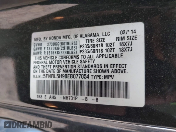2014 Honda Odyssey Touring with VIN 5FNRL5H90EB077054, listed as a IAAI auction lot 41904456 with 197,869 mi miles and . Bid and sale history available at carsss.com. Image 9.