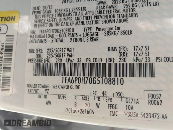 2016 Ford Fusion SE with VIN 1FA6P0H70G5108810, listed as a IAAI auction lot 42191871 with 169,700 mi miles and . Bid and sale history available at DreamBid. Image 9.