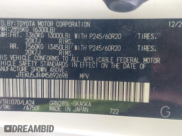 2021 Toyota 4Runner Limited with VIN JTEKU5JR4M5892698, listed as a IAAI auction lot 41596136 with 73,601 mi miles and . Bid and sale history available at DreamBid. Image 9.